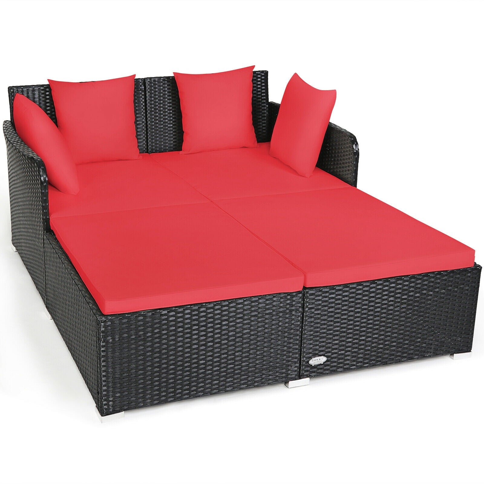 Biotree Outdoor Rattan Daybed with Cushions and Pillows-Red