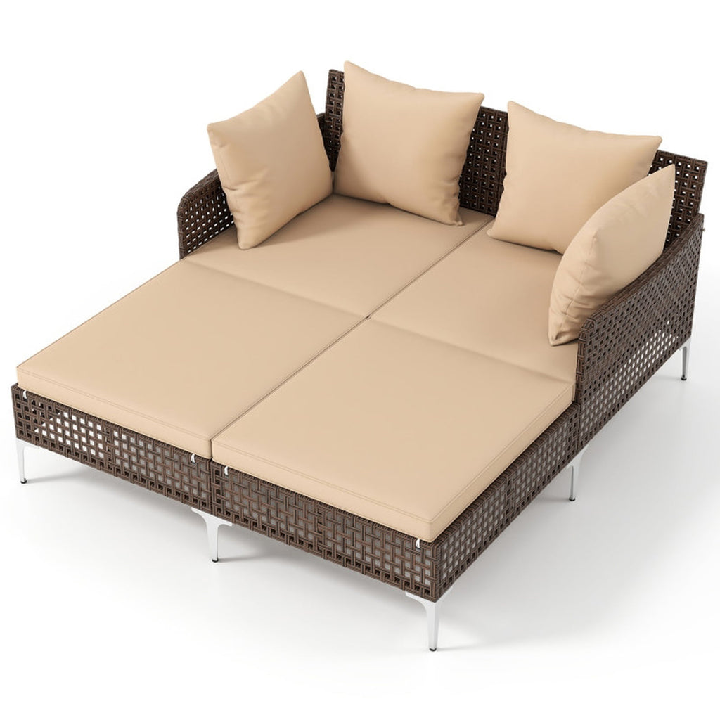 Biotree Outdoor Rattan Double Daybed Wicker Chaise Lounge Stackable Patio Chair for Garden BackyardBrown