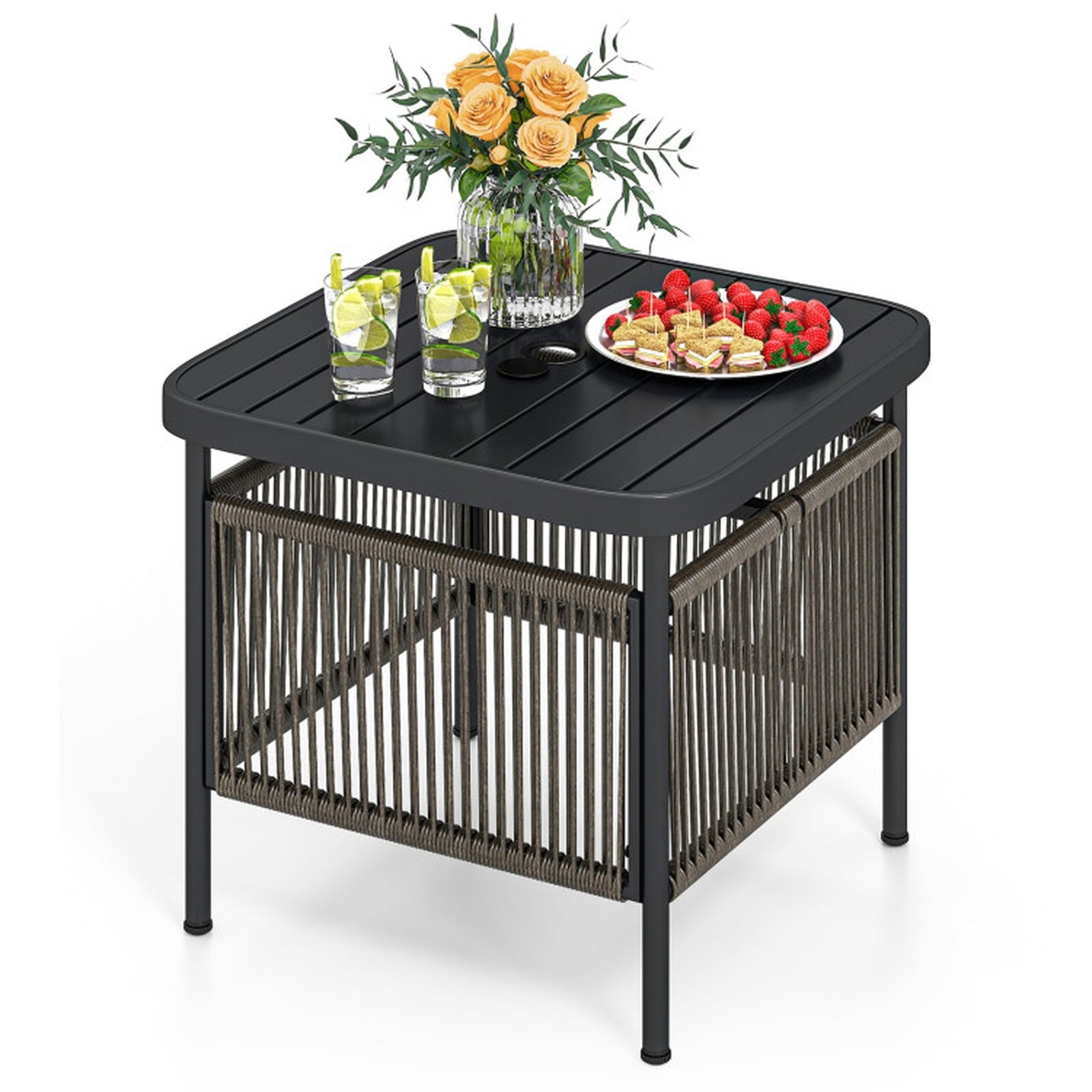 Biotree Outdoor Side Table with Umbrella Hole and Storage Shelf, Black