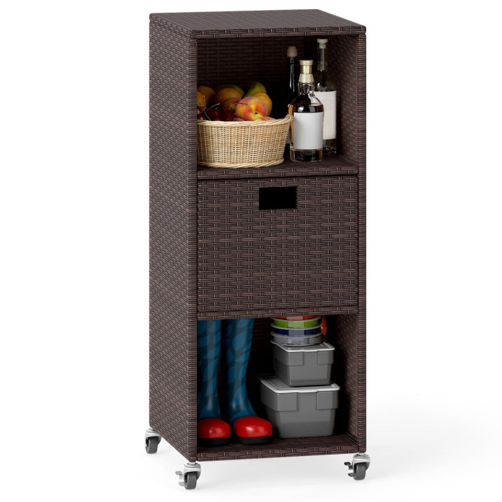 Biotree Outdoor Storage Cabinet with Drawer and 3 Shelves, PE Rattan Tall Deck Cabinet Patio Garden Console for Backyard Porch Deck Poolside, Mix Brown