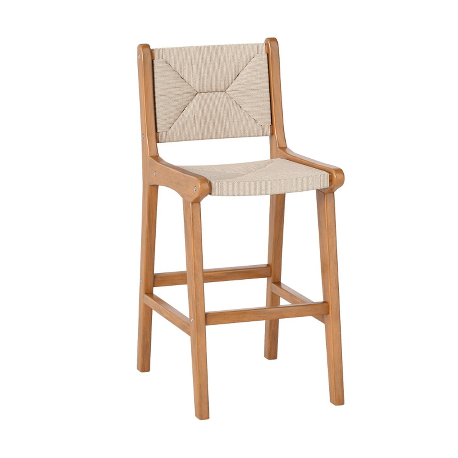 Biotree Outdoor Teak Wood Counter Height Bar Stool with Woven Paper Rope Seat, Natural - Outdoor Patio Bar Height Chair with Footrest