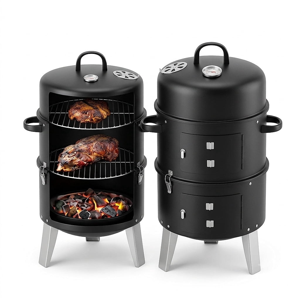 Biotree Outdoor Vertical Charcoal Grill with Lid, Smokeless BBQ Smoker, 360¡ã Even Heating Wood Fired Grill, Charcoal BBQ Cooker for Backyard Patio Camping Cooking Black