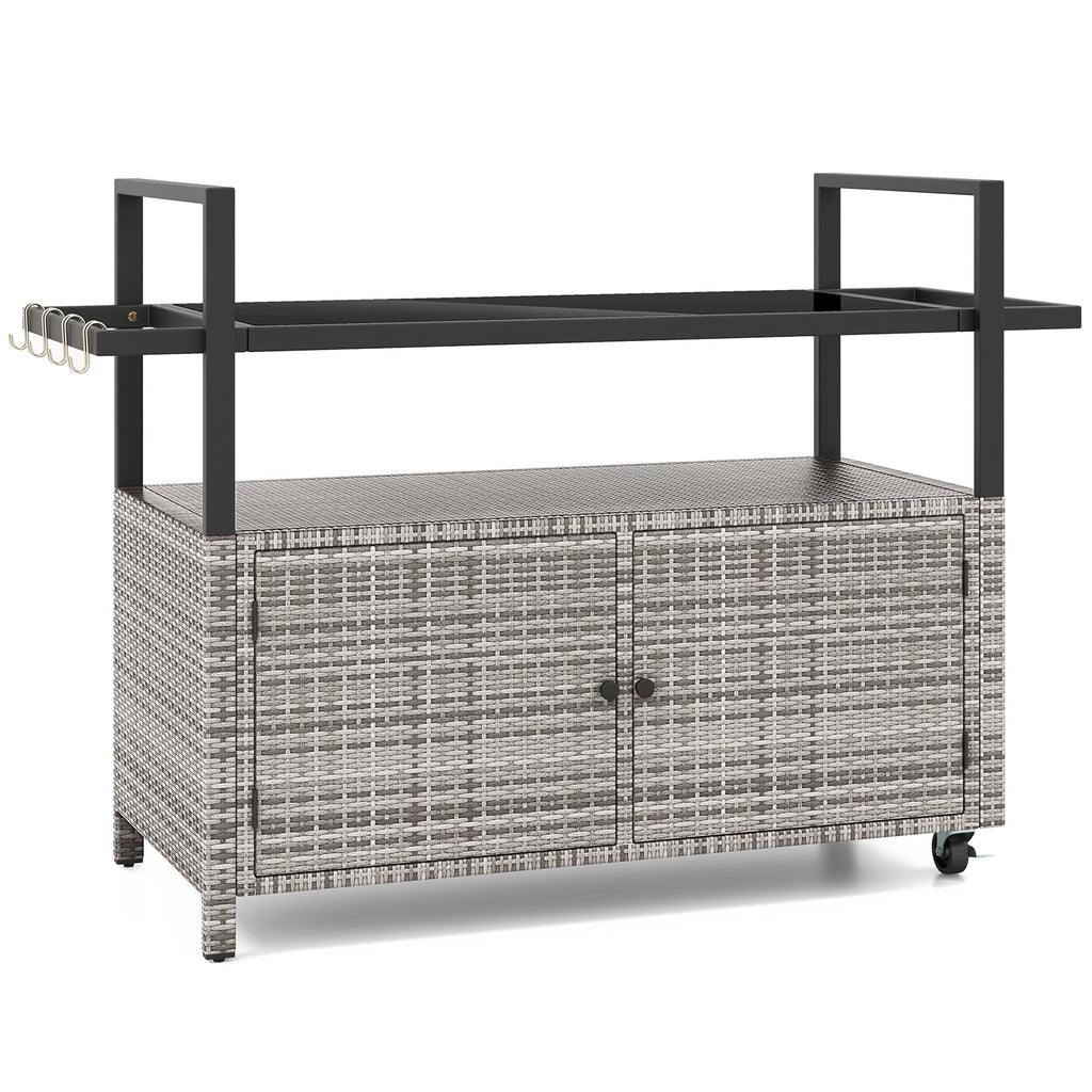Biotree Outdoor Wicker Bar Cart with Cabinet and 8 Hooks Rolling Patio Serving Cart for Backyard Entertaining, Gray