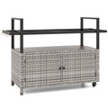 Biotree Outdoor Wicker Bar Cart with Cabinet and 8 Hooks Rolling Patio Serving Cart for Backyard Entertaining, Gray