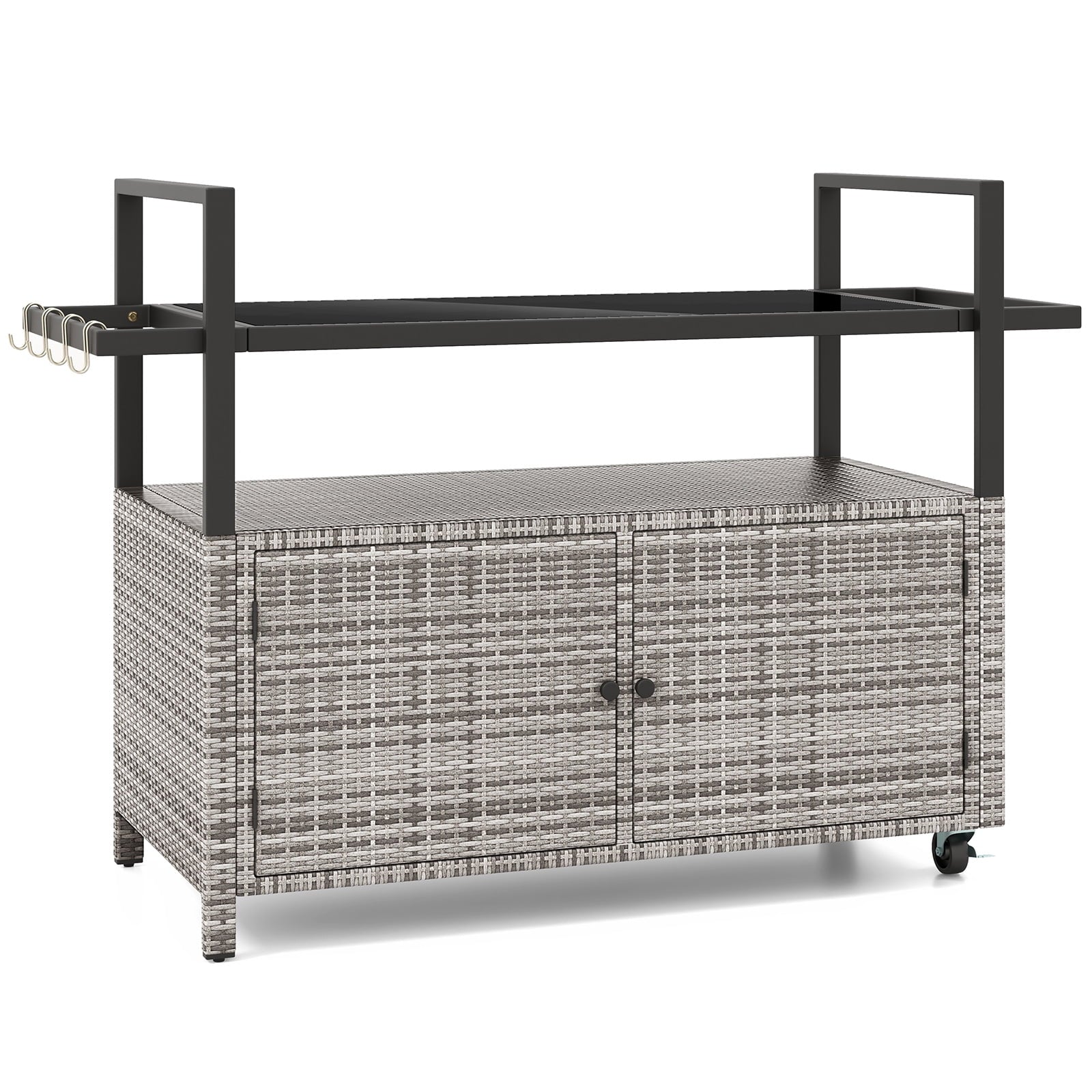 Biotree Outdoor Wicker Bar Cart with Cabinet and 8 Hooks Rolling Patio Serving Cart for Backyard Entertaining, Gray