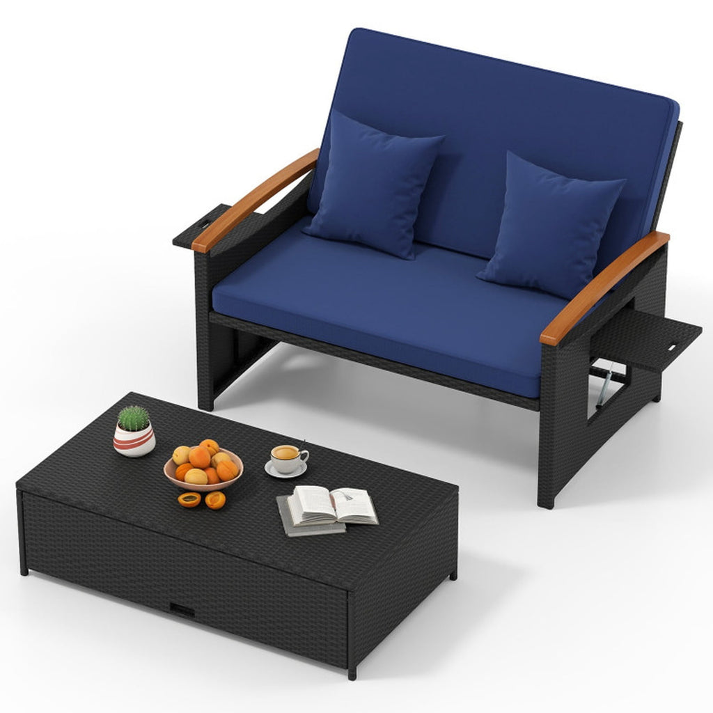 Biotree Outdoor Wicker Daybed with Folding Panels and Storage Ottoman Stackable Patio Chair for Garden BackyardDark Blue