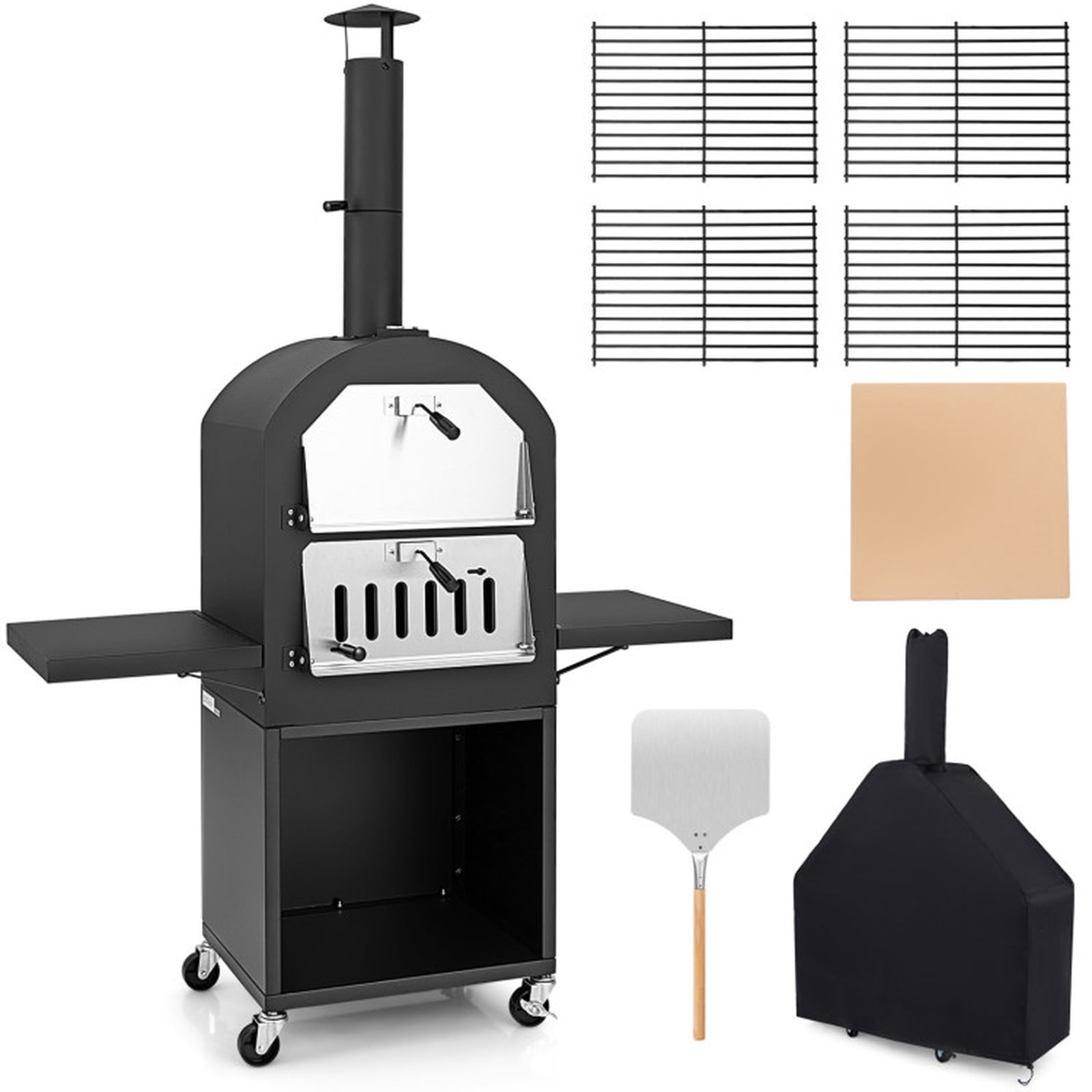 Biotree Outdoor Wood-Fired Pizza Oven with Grill Racks Protective Cover Built-In Thermometer Pizza Stone and Peel - Black