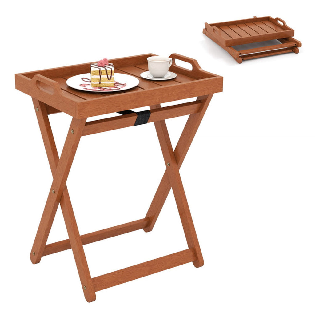 Biotree Outdoor Wood Tray Table Portable Side End Table with Folding Frame, Natural