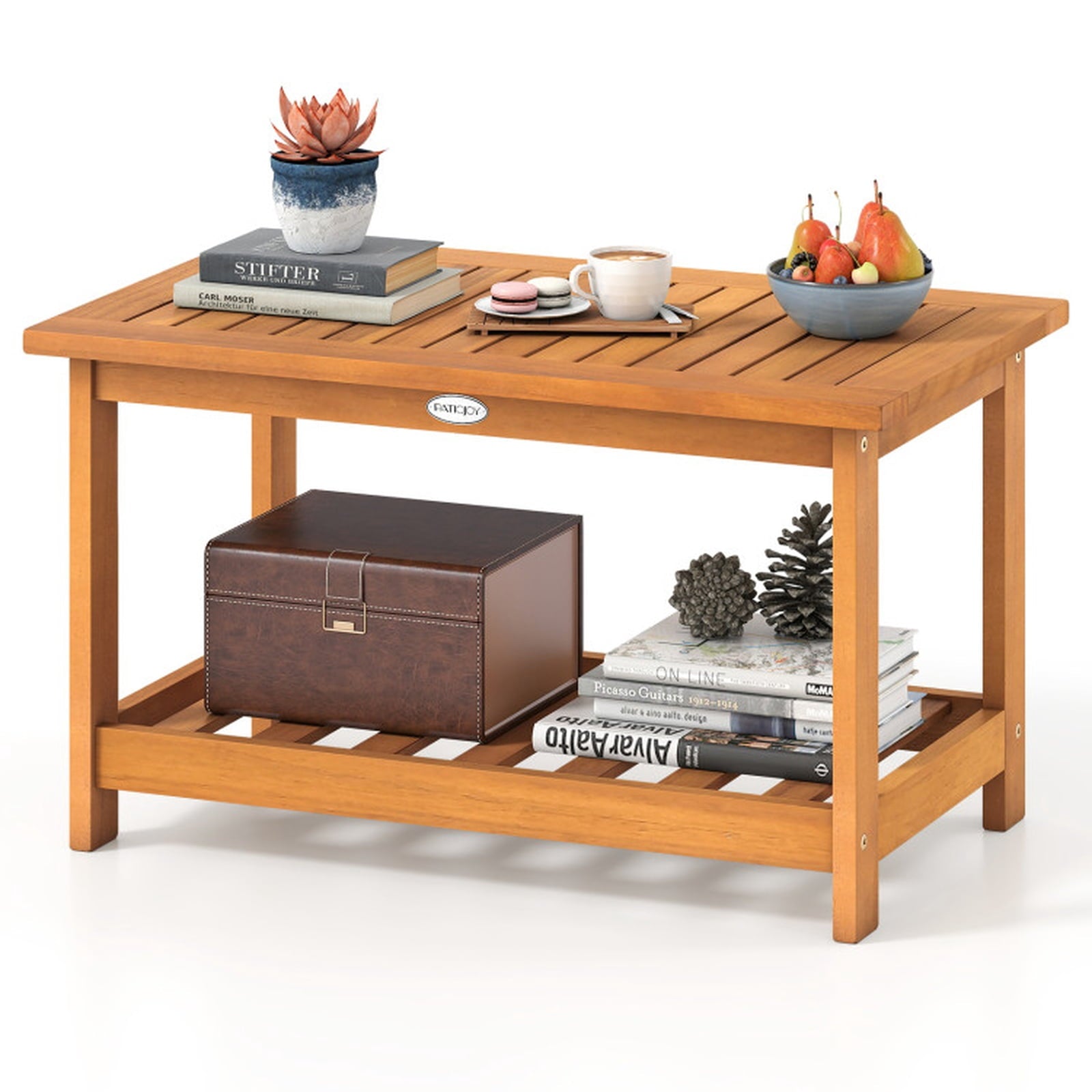 Biotree Patio Acacia Wood Coffee Table 2-Tier Rectangular Center Table, Natural