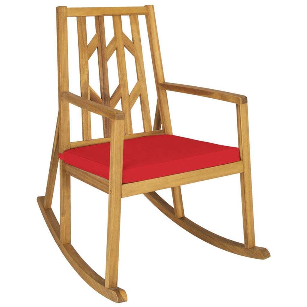 Biotree Patio Acacia Wood Rocking Chair Sofa with Armrest and Cushion for Garden and Deck Stackable Patio Chair for Garden BackyardRed