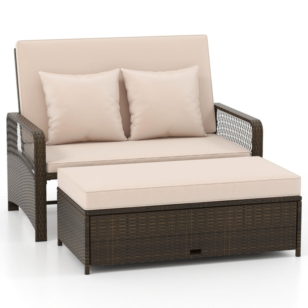 Biotree Patio Adjustable Wicker Daybed with 4-Level Backrest and Soft Cushions Outdoor Conversation Set for Garden Backyard PorchBeige