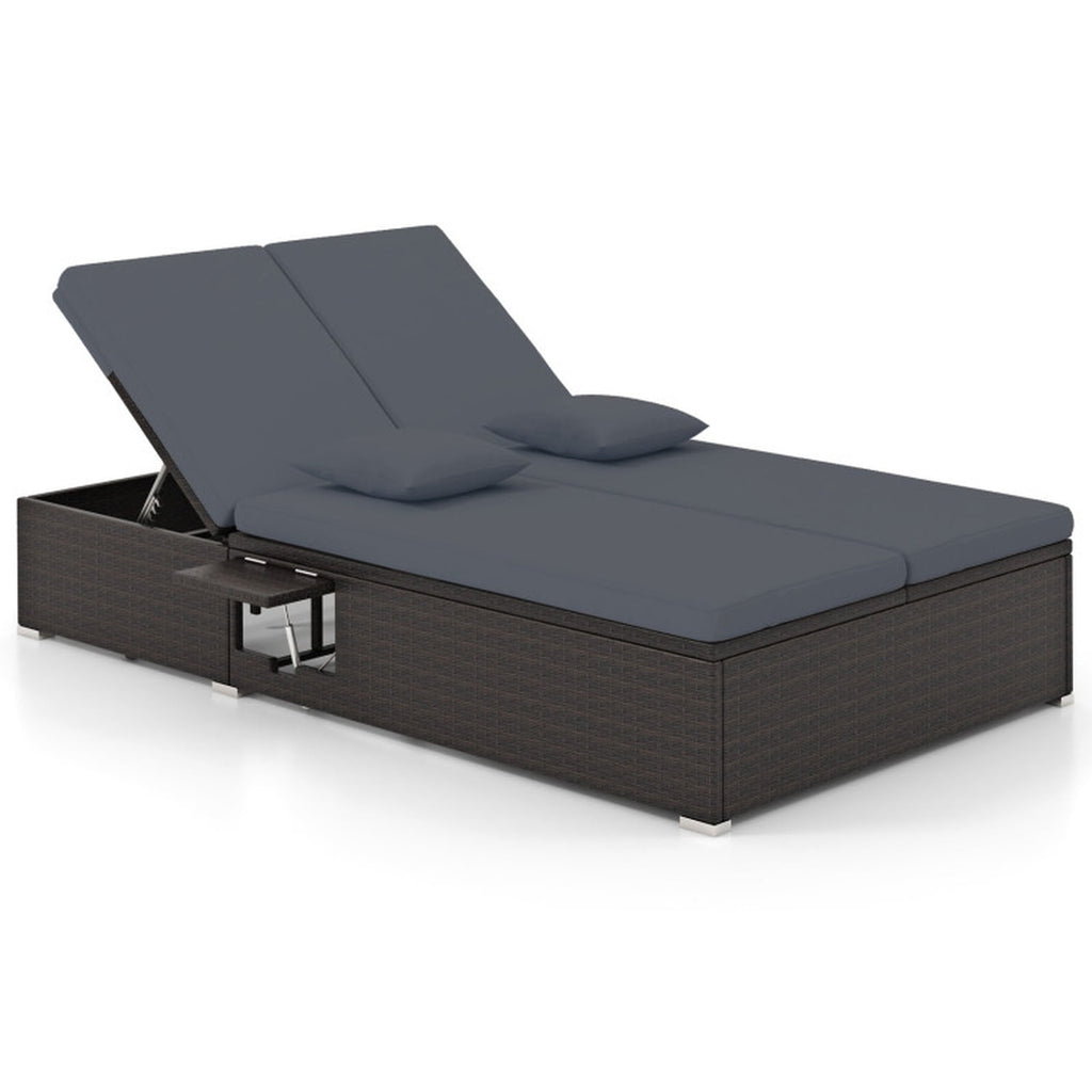 Biotree Patio Double Chaise Lounge with Cushions and Folding Side Trays Stackable Patio Chair for Garden BackyardGray