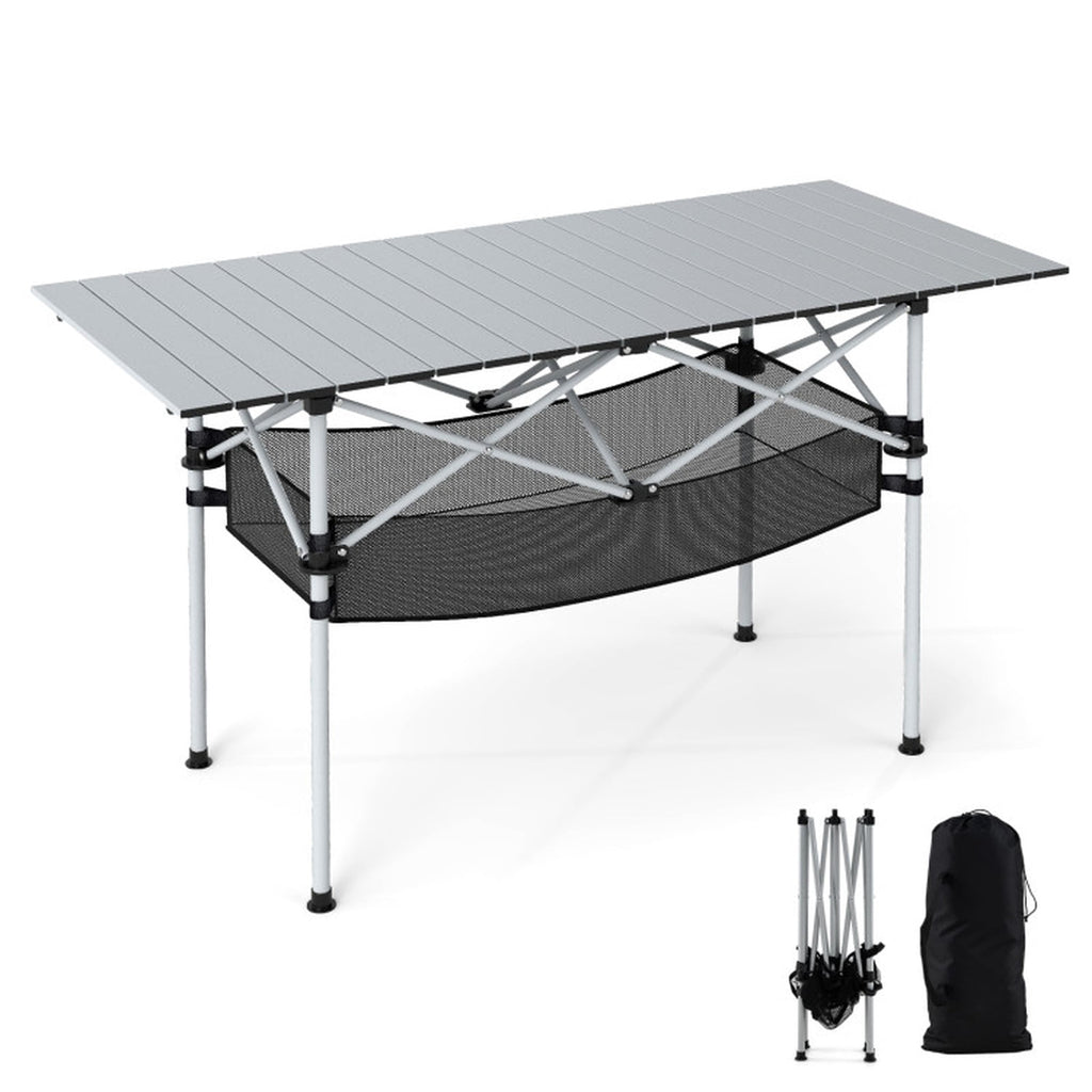 Biotree Patio Folding Camping Table with Roll up Tabletop and Mesh Basket, Silver