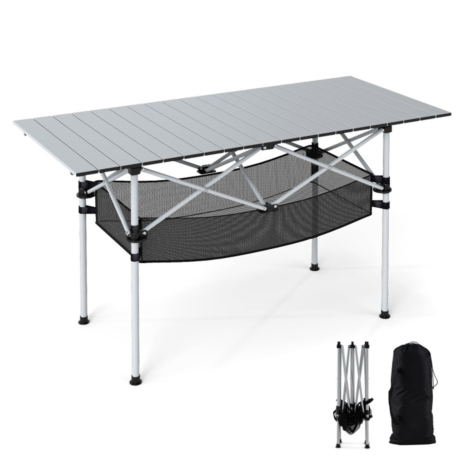 Biotree Patio Folding Camping Table with Roll up Tabletop and Mesh Basket, Silver