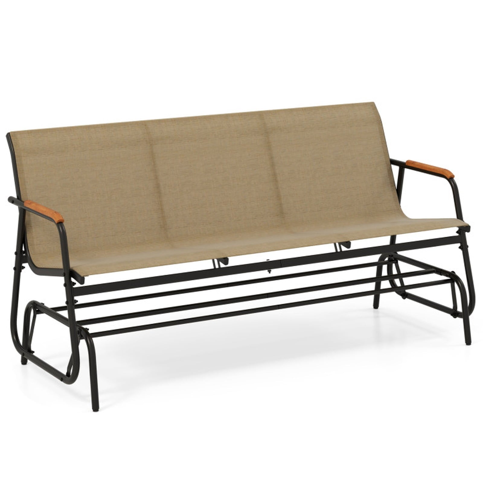 Biotree Patio Glider Bench with Curved Teak Armrests and Breathable Fabric Seat for 3 People Stackable Patio Chair for Garden BackyardBrown