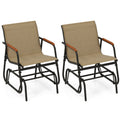 Biotree Patio Glider Chair Set of 2 with Curved Teak Armrests and Breathable Fabric Seat Stackable Patio Chair for Garden BackyardBrown