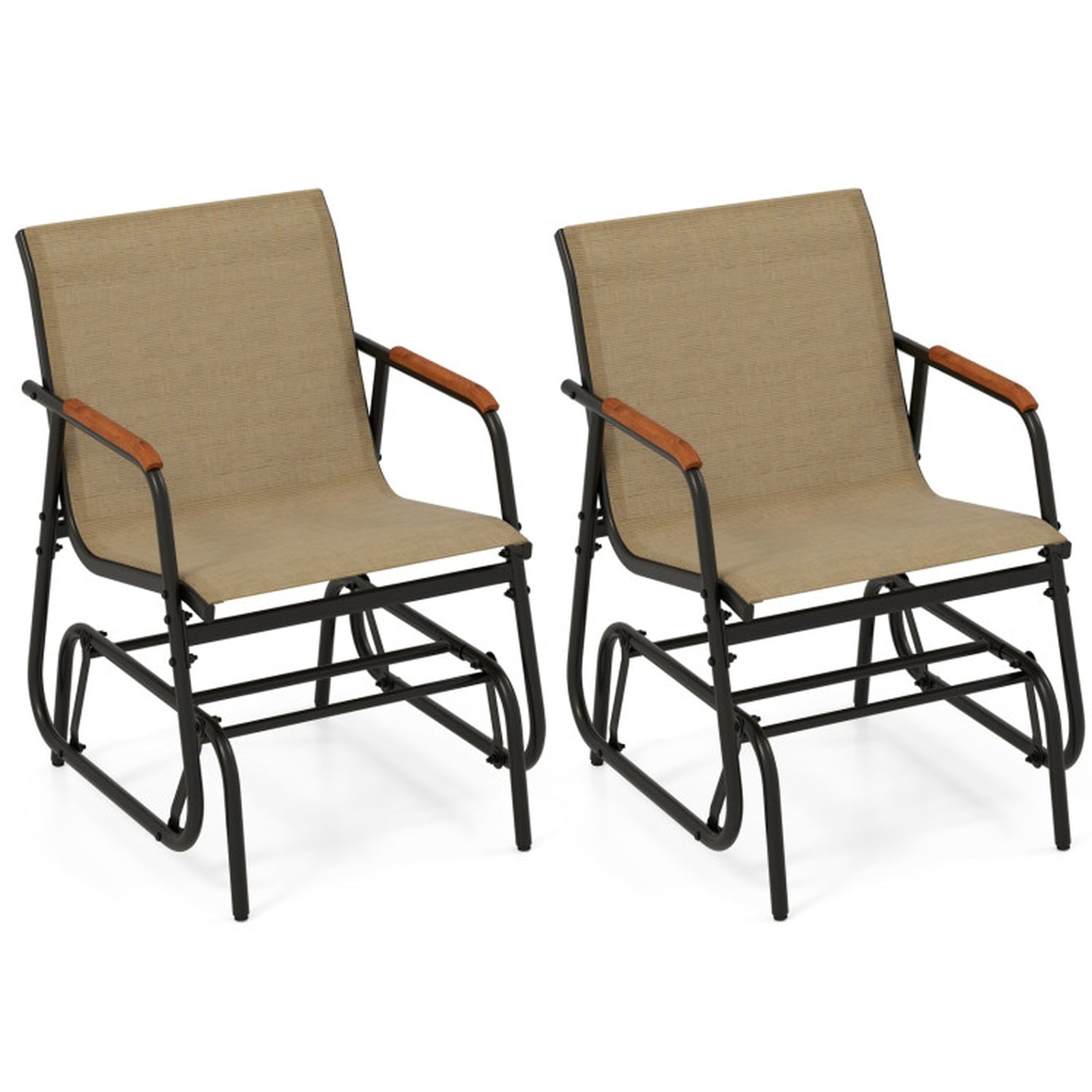 Biotree Patio Glider Chair Set of 2 with Curved Teak Armrests and Breathable Fabric Seat Stackable Patio Chair for Garden BackyardBrown