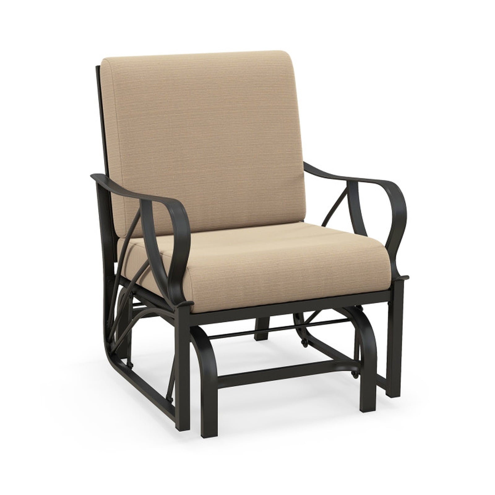 Biotree Patio Glider Rocking Chair with Thick Cushion and Curved Armrest Stackable Patio Chair for Garden BackyardTan
