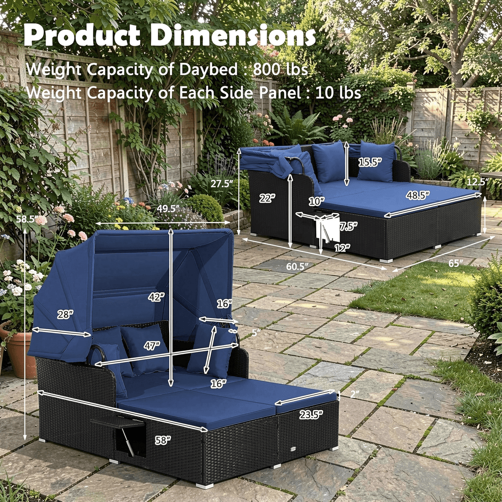 Biotree Patio Rattan Daybed with Retractable Canopy-Navy