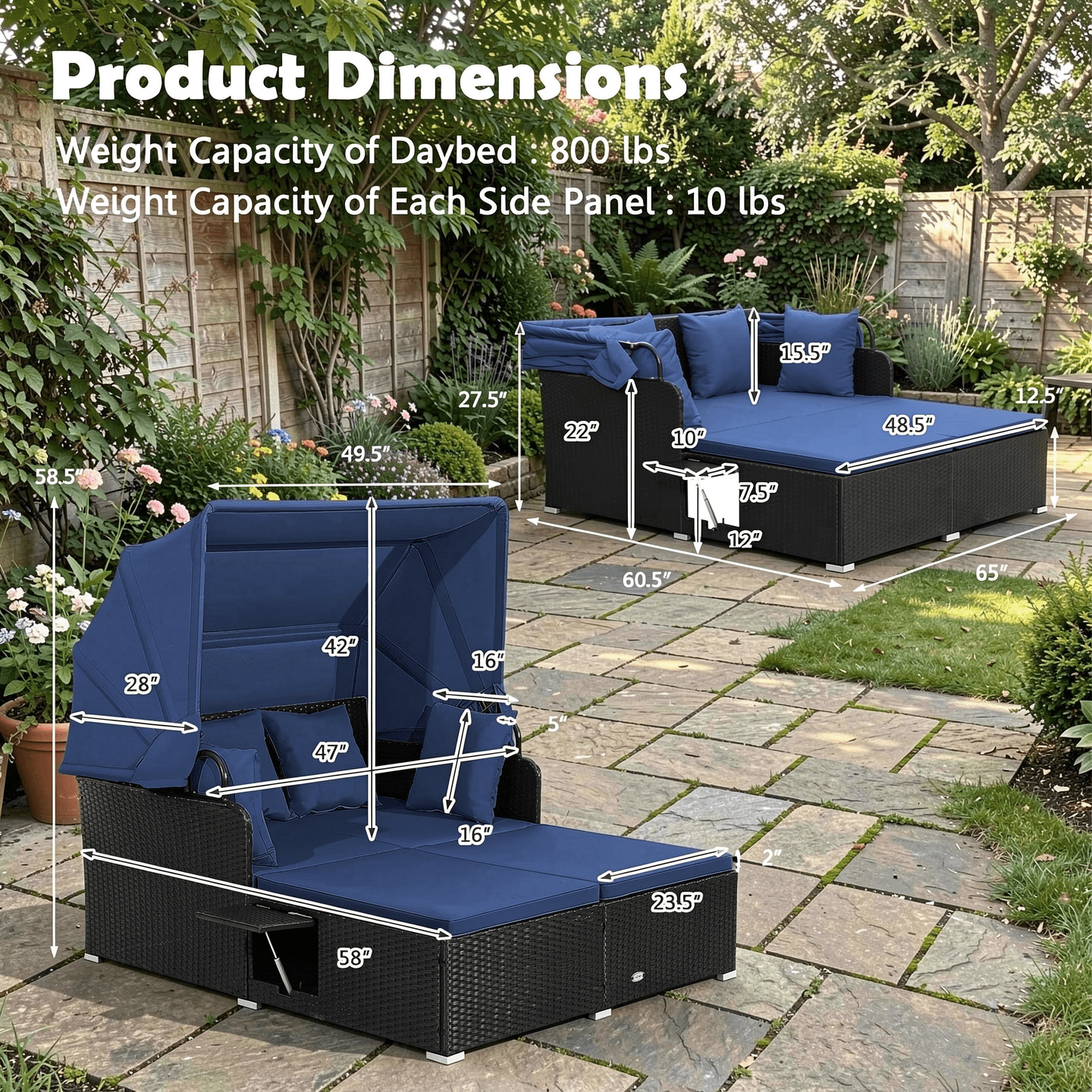Biotree Patio Rattan Daybed with Retractable Canopy-Navy