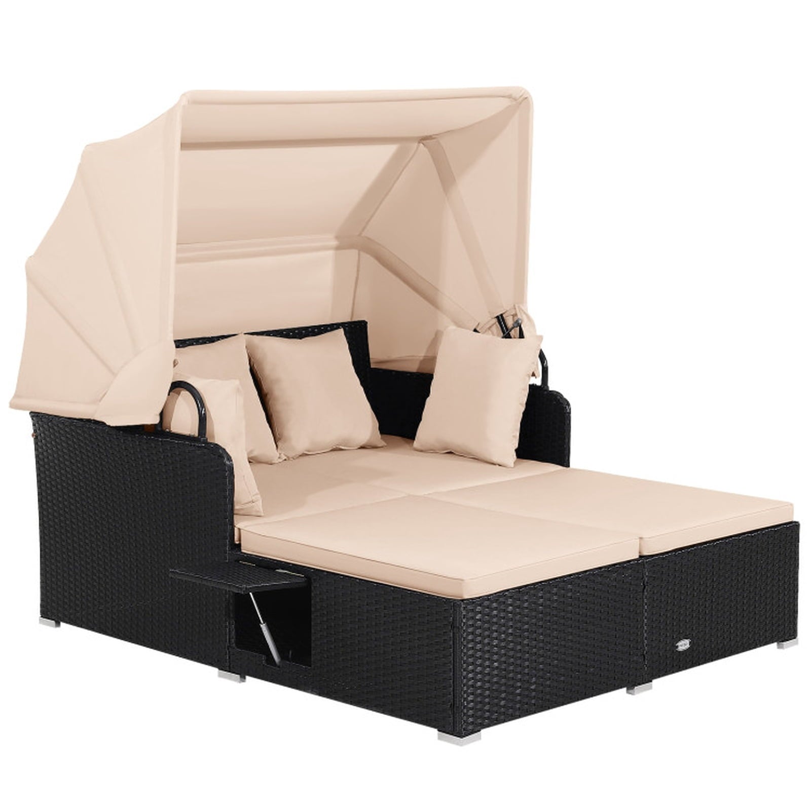 Biotree Patio Rattan Daybed with Retractable Canopy and Side Tables Outdoor Conversation Set for Garden Backyard PorchBeige
