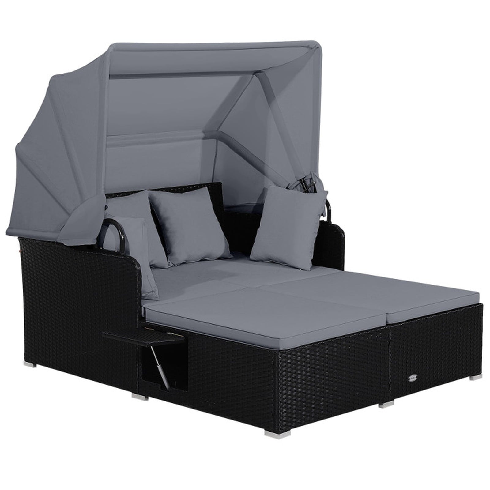 Biotree Patio Rattan Daybed with Retractable Canopy and Side Tables Outdoor Conversation Set for Garden Backyard PorchGray