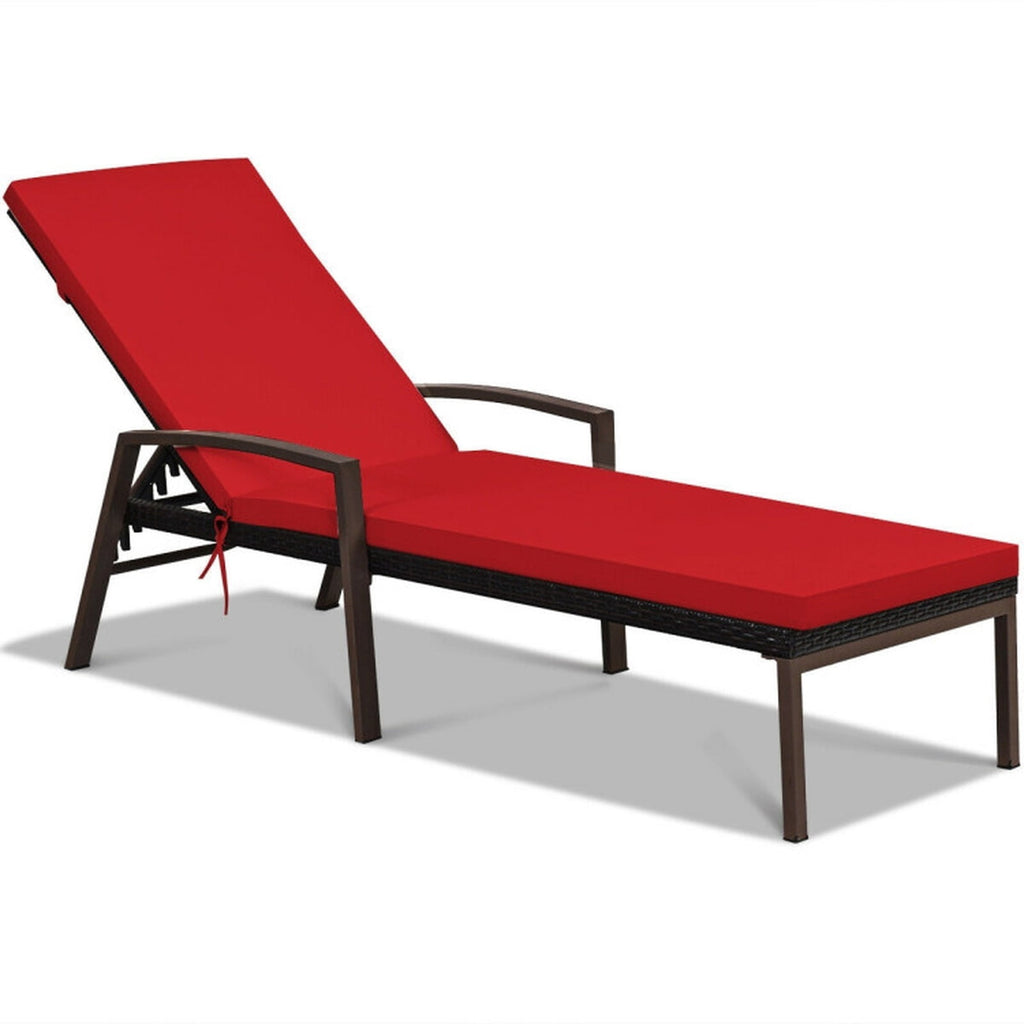 Biotree Patio Rattan Lounge Chaise Recliner with Back Adjustable Cushioned Stackable Patio Chair for Garden BackyardRed