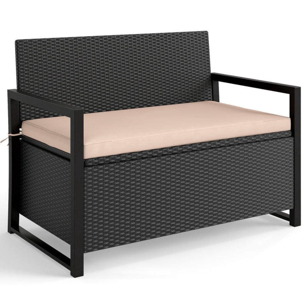 Biotree Patio Storage Bench Outdoor Wicker Loveseat with Built-in 40-Gallon Weatherproof Storage and Cushion , Brown