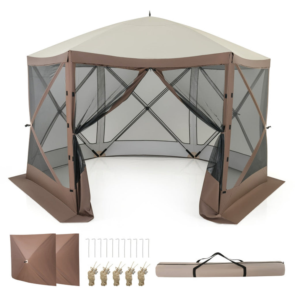 Biotree Pop-up Gazebo 6-sided Instant Setup Screen House Hub Tent with Mesh Netting Walls Brown - Outdoor Patio Backyard Garden Shade Canopy Shelter