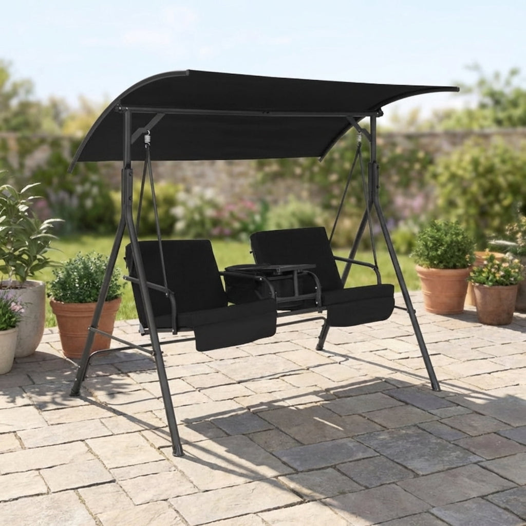 Biotree Porch Swing Chair with Adjustable Canopy and Rotatable Side Tray, 265 LBS Capacity Patio Hammock Glider Bench Cooler Bag for Garden Yard Deck, Black