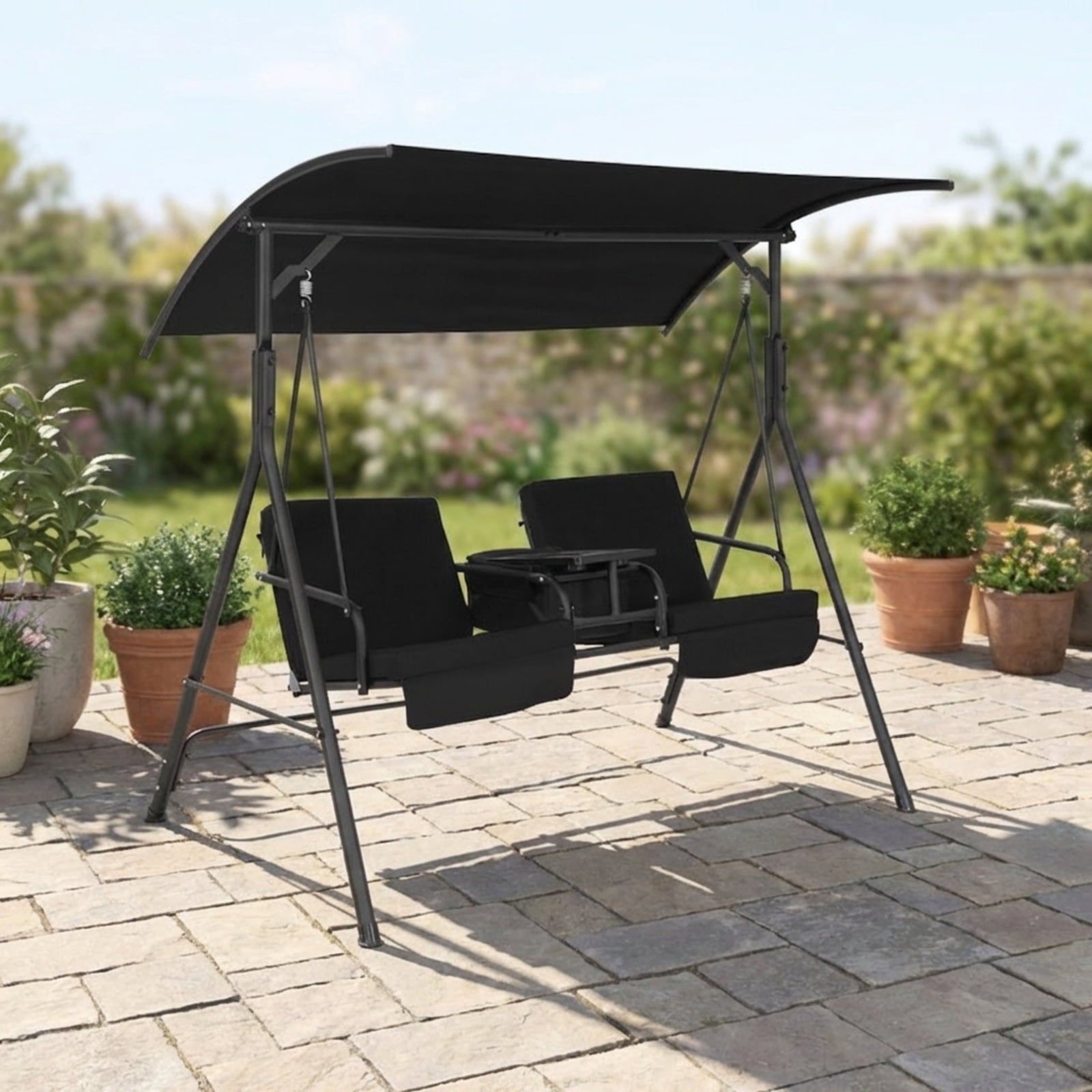 Biotree Porch Swing Chair with Adjustable Canopy and Rotatable Side Tray, 265 LBS Capacity Patio Hammock Glider Bench Cooler Bag for Garden Yard Deck, Black