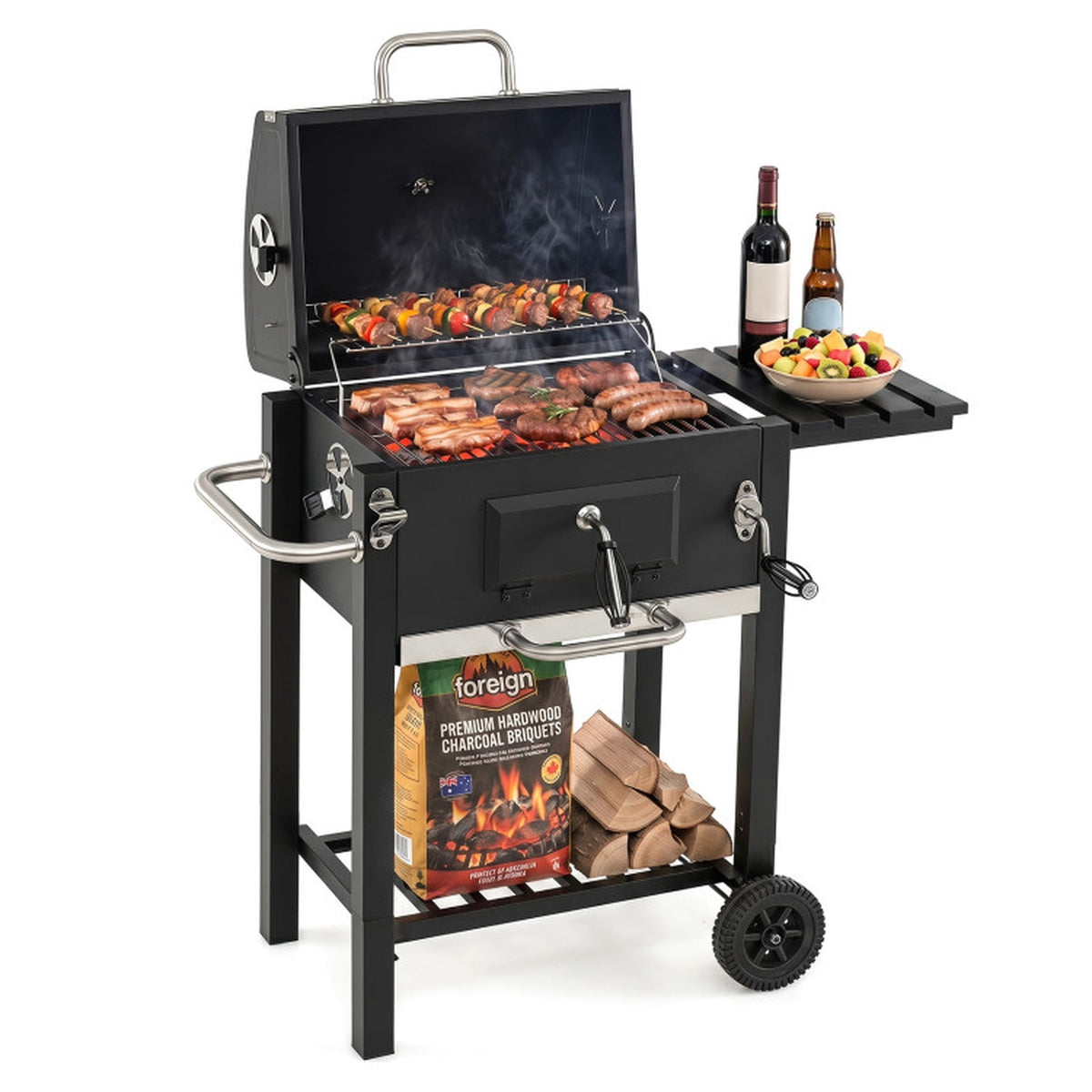Biotree Portable Outdoor Charcoal BBQ Grill with Adjustable Charcoal Tray, Charcoal Grill on Wheels with Warming Rack, BBQ Smoker Cooker for Backyard Patio Camping Black