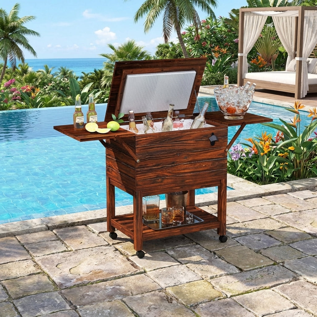 Biotree 54 Quart Wooden Cooler Cart for Patio with Shelves Rolling Ice Chest with Drain Plug Outdoor Cooler Cart, Brown