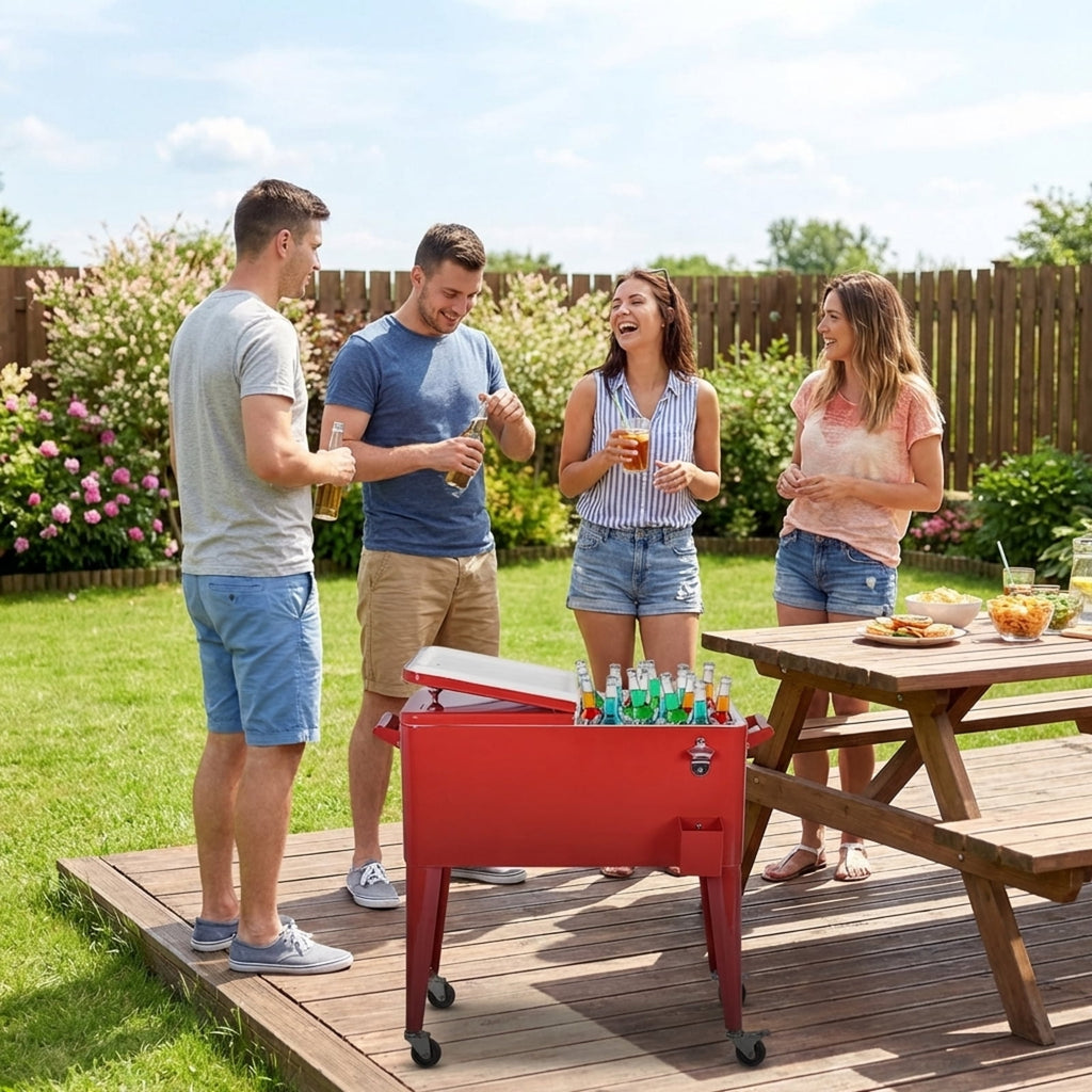 Biotree Portable Outdoor Patio Rolling Cooler Cart with Wheels and Drain Plug Ice Chest Cart for Party Beach Camping, Red