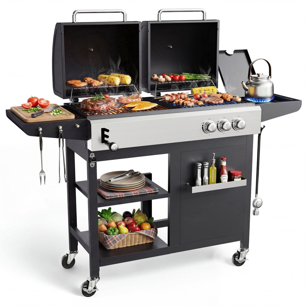 Biotree 3-Burner Gas and Charcoal Grill Combo, Dual Fuel 54,000 BTU BBQ Propane Grill with Side Burner for Backyard BBQ, Outdoor Cooking & Camping