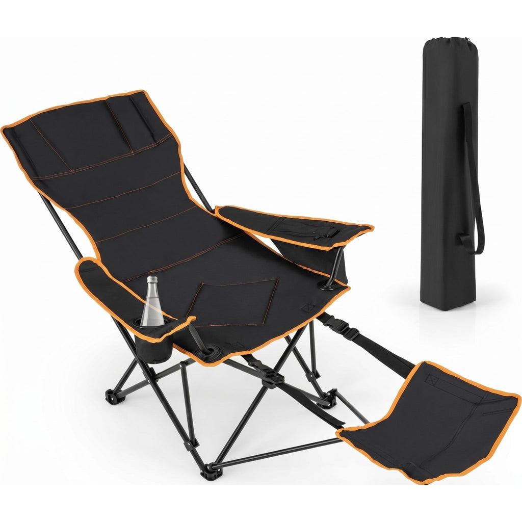 Biotree Reclining Folding Camp Chair with Retractable Footrest and Cooler Bag 2-Position Adjustable Lounge Chair for Outdoor, Black