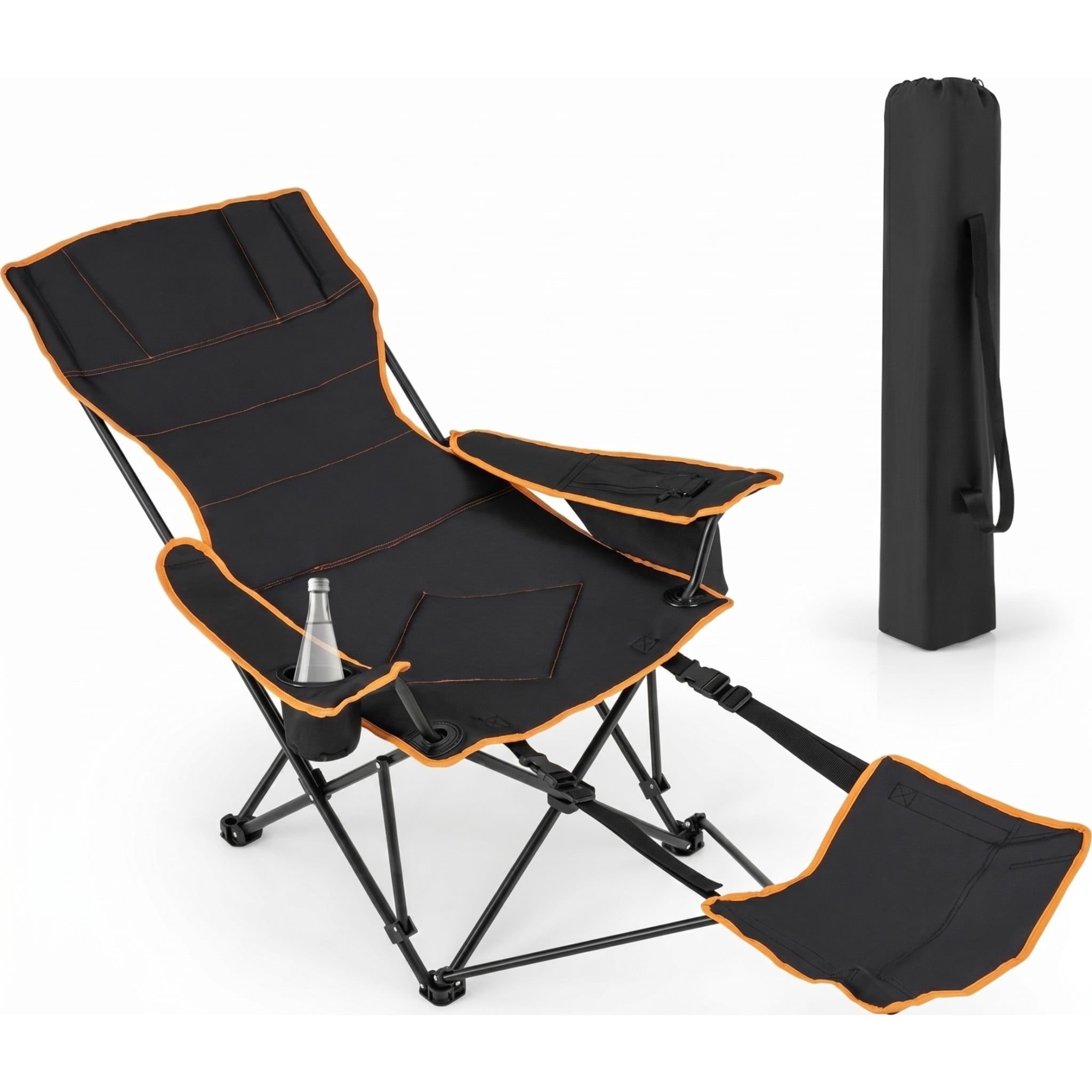 Biotree Reclining Folding Camp Chair with Retractable Footrest and Cooler Bag 2-Position Adjustable Lounge Chair for Outdoor, Black
