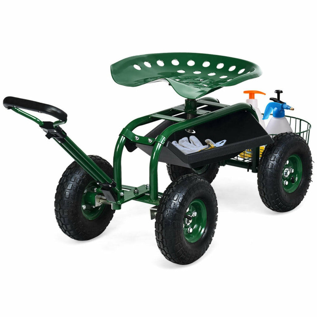 Biotree Rolling Garden Cart with 360¡ã Swivel Seat, Height Adjustable Garden Scooter, Heavy Duty Yard Cart with Tool Tray and Storage Basket for Gardening Weeding Yard Work Green