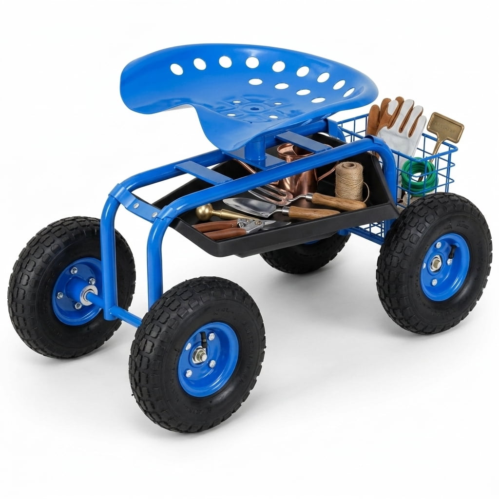 Biotree Rolling Garden Cart with Seat, 360¡ãSwivel Seat Adjustable Height,330lbs Load Capacity, Wagon Scooter with Storage Bracket and Tool Tray, Suitable for Patio Yard, Blue