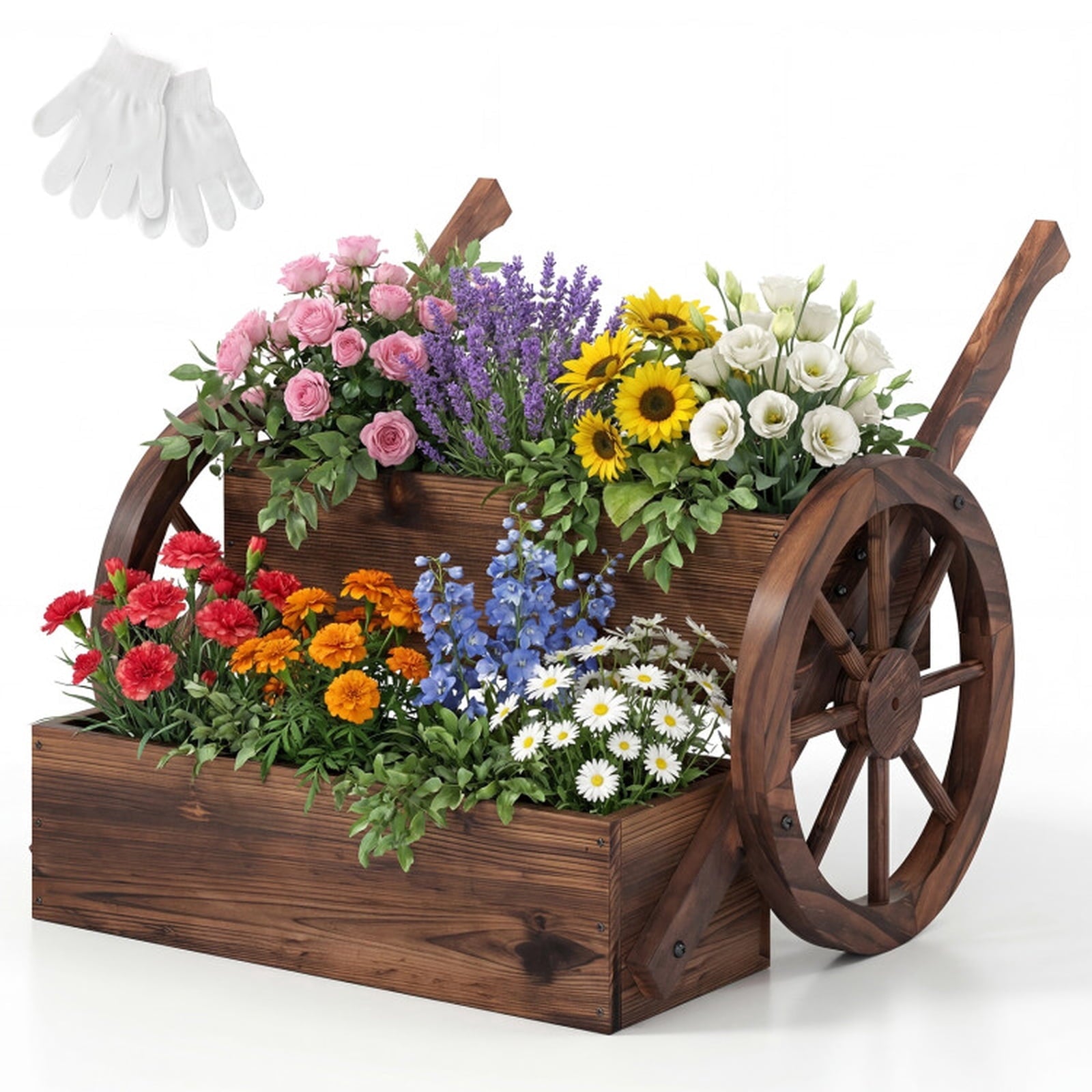 Biotree Rustic Wood Wagon Planter 2-Tier Versatile Raised Garden Bed with Wheels-Brown - Outdoor Backyard Patio Garden Planting