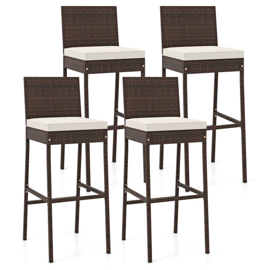 Biotree Set of 4 Patio Wicker Barstools with Seat Cushion and Footrest, PE Rattan Outdoor Bar Height Chairs with Metal Frame for Backyard Deck Garden Poolside, Mix Brown