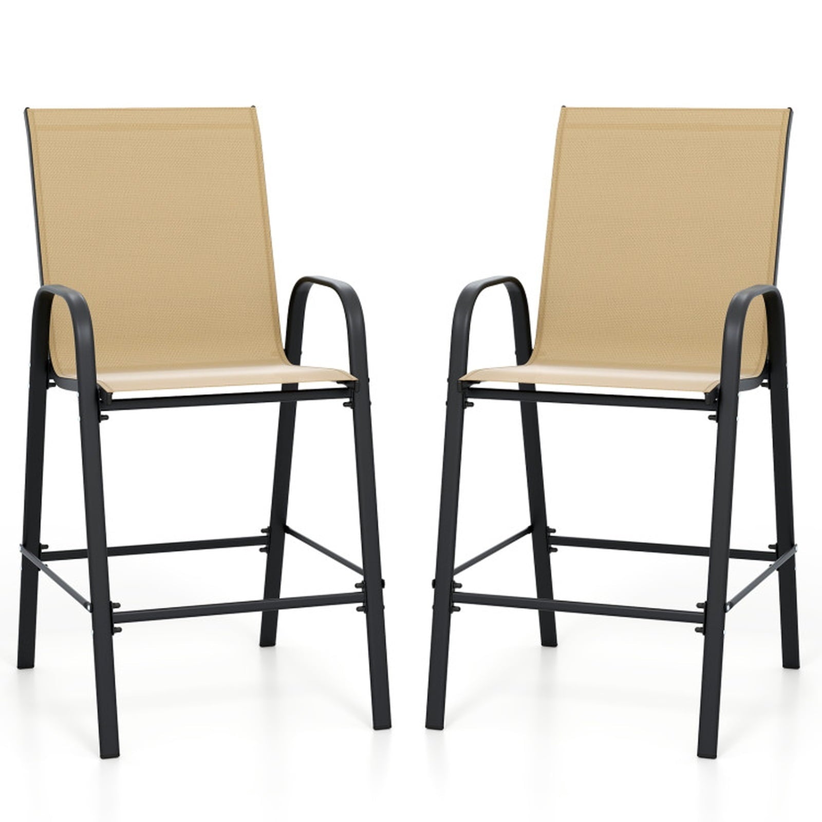 Biotree Set of 2 Outdoor Bar Stools 29-Inch Fabric Patio Bar Chairs with Armrests Inclined Backrest, Beige