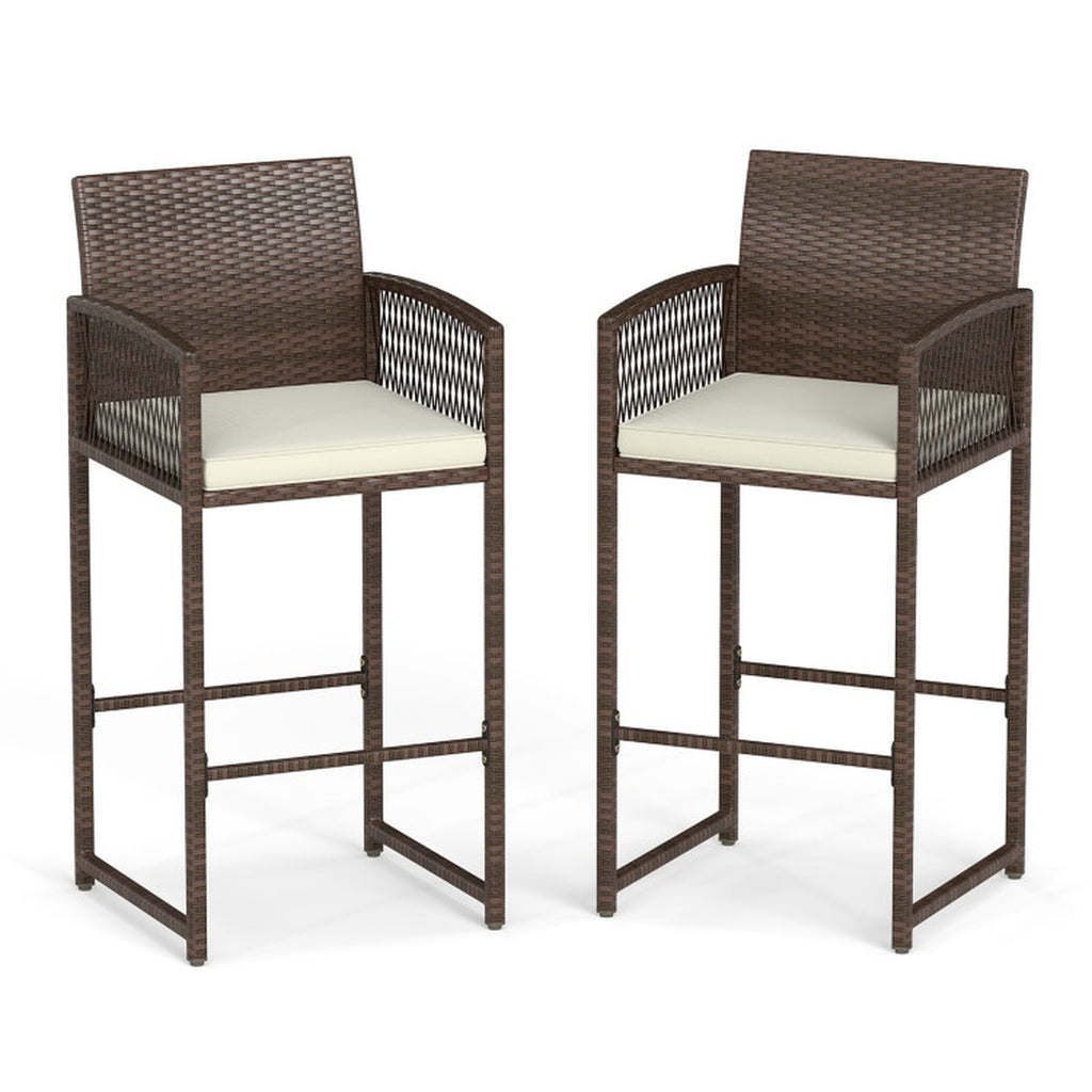 Biotree Set of 2 Outdoor PE Rattan Bar Stools with Cushioned Seats, Brown/White - Outdoor Patio Bar Height Chair with Footrest