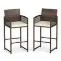 Biotree Set of 2 Outdoor PE Rattan Bar Stools with Cushioned Seats, Brown/White - Outdoor Patio Bar Height Chair with Footrest