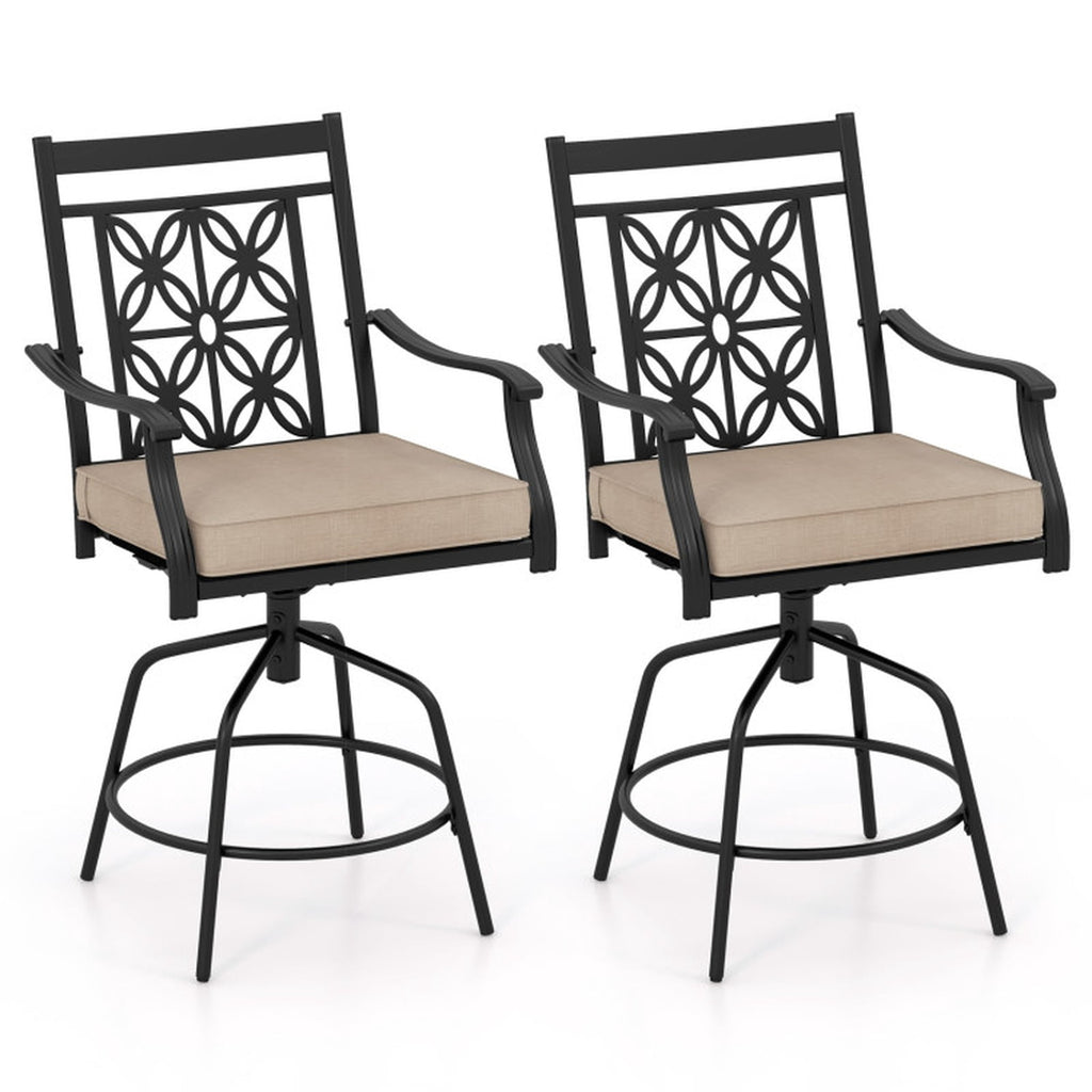 Biotree Set of 2 Outdoor Swivel Bar Stools with Cushioned Seats and Armrests, Brown - Outdoor Patio Bar Height Chair with Footrest