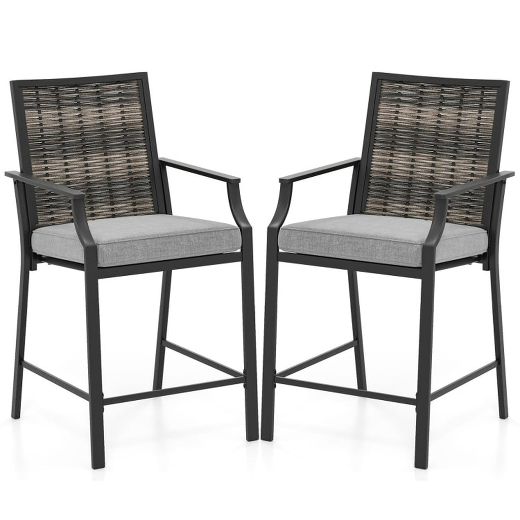 Biotree Set of 2 Patio Bar Stools 24-Inch Counter Height Wicker Bar Chairs with Cushions and Armrests, Grey