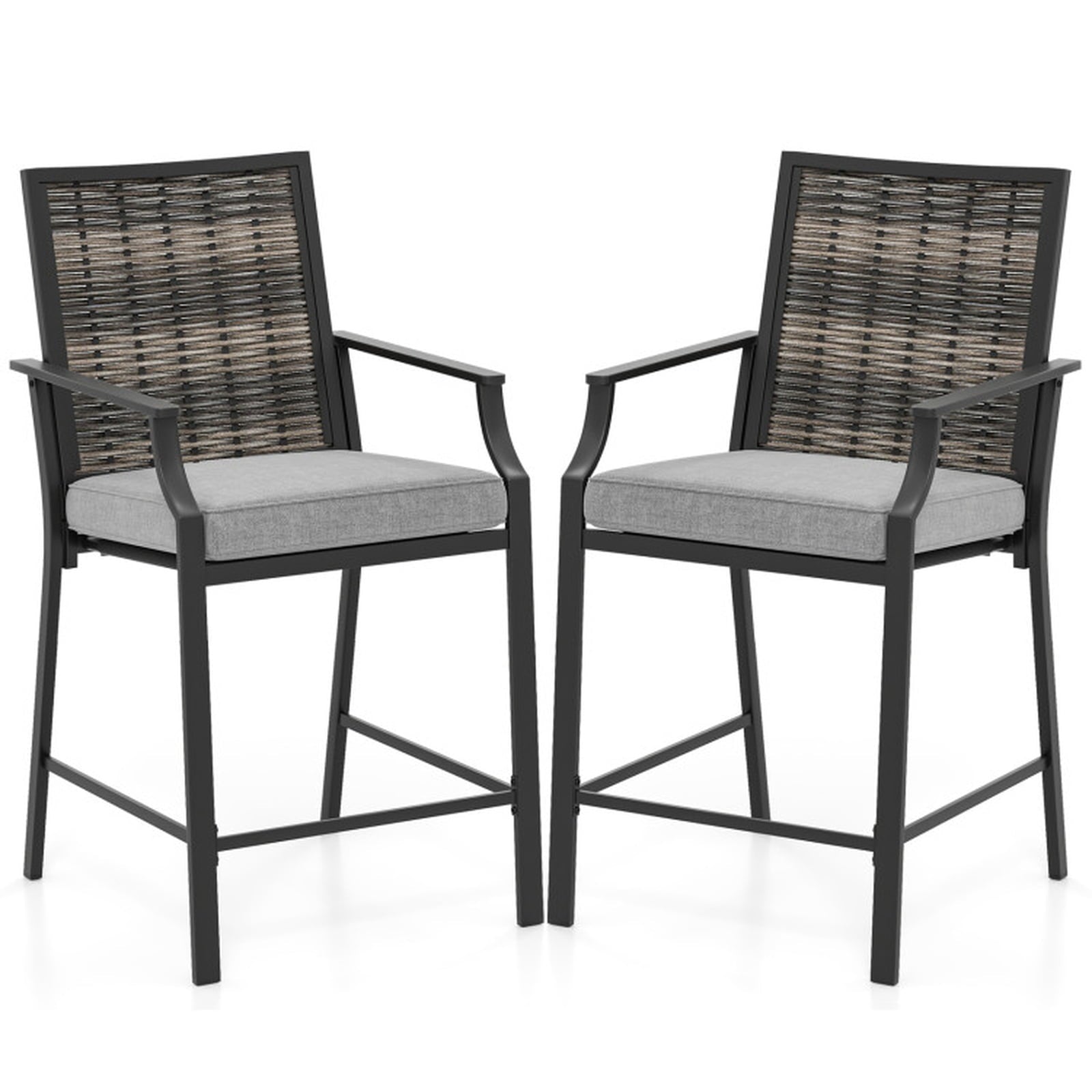 Biotree Set of 2 Patio Bar Stools 24-Inch Counter Height Wicker Bar Chairs with Cushions and Armrests, Grey