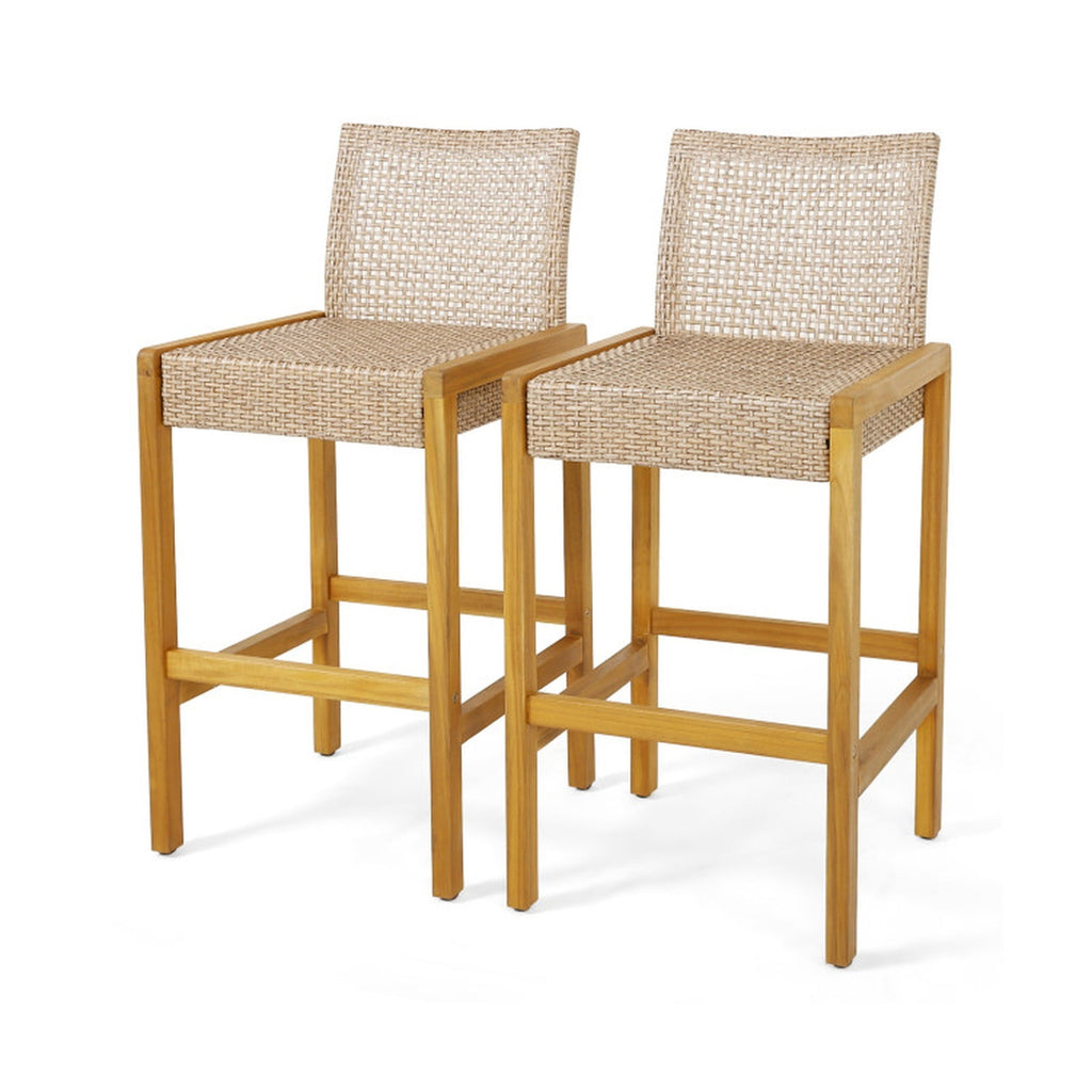 Biotree Set of 2 Rattan Patio Wood Barstools Dining Chairs with Backrest-Set of 2 Stackable Patio Chair for Garden BackyardLight Brown