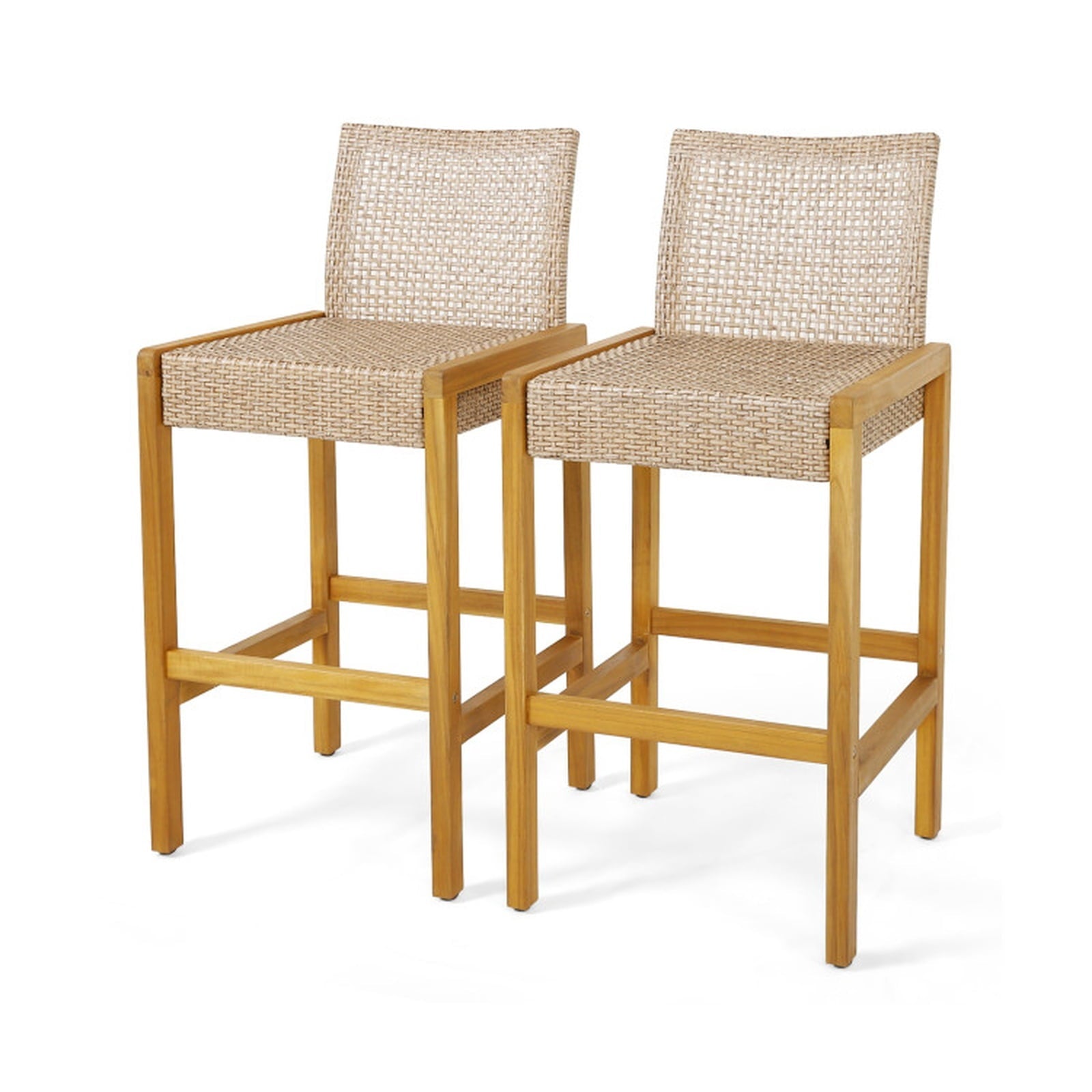 Biotree Set of 2 Rattan Patio Wood Barstools Dining Chairs with Backrest-Set of 2 Stackable Patio Chair for Garden BackyardLight Brown