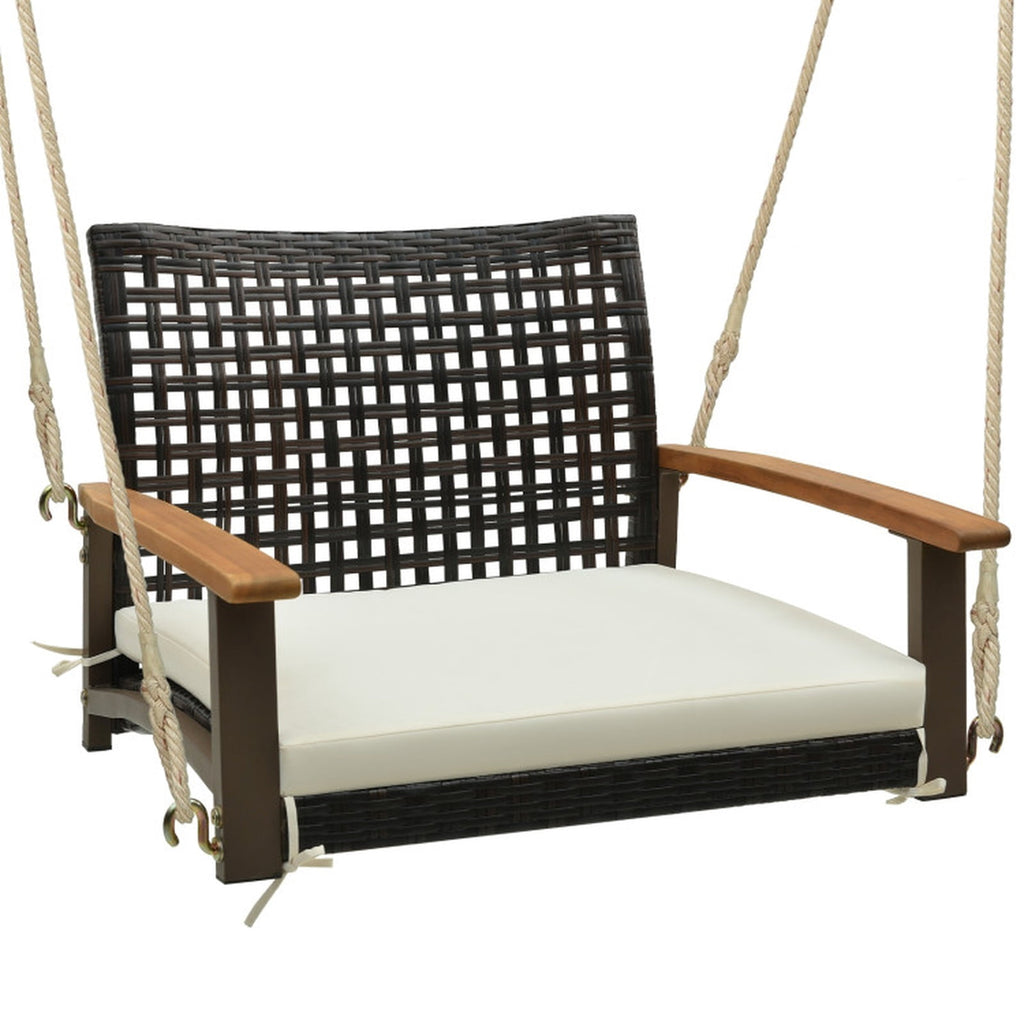 Biotree Single Rattan Porch Swing with Armrests Cushion and Hanging Ropes for Patio Porch Garden Backyard Outdoor, White